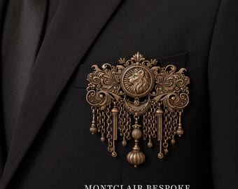 Broche antiguo de oro con borla de león, broche heráldico real, broche victoriano llamativo, broche de cadena con escudo de león, accesorio para traje, regalo para el novio