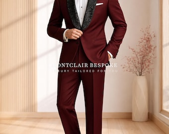 Burgunder Tuxedo Männer, kastanienbrauner Hochzeitsanzug, schwarzer Schal Revers Anzug, Bräutigam Abschlussball-Outfit, feierliche Abendjacke, maßgefertigter Anzug für Männer