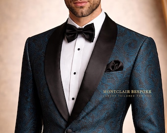 Teal Jacquard Tuxedo for Men, Luxury Groom Suit, Black Shawl Lapel Wedding Suit, Custom Prom Suit, Elegant Mens Formal Suit, Bespoke Tuxedo