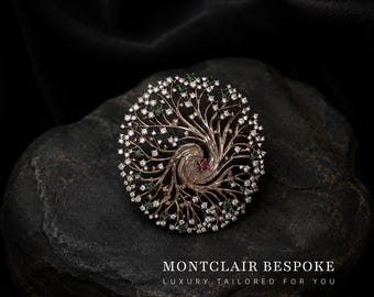 Broche antiguo dorado del Árbol de la Vida, broche de árbol de cristal, broche vintage de la naturaleza, broche llamativo, elegante regalo de boda, joyería botánica