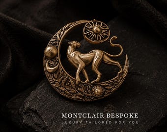 Broche antiguo de oro con leopardo y luna, broche de solapa de felino celestial, broche vintage de sol y luna, broche llamativo para chaqueta, joyería inspirada en el zodíaco