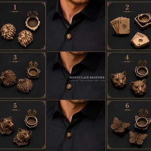 Puede incluir: Una colección de seis juegos de botones de metal en tono bronce, con diseños distintos que incluyen cabezas de león, cartas de juego, cabezas de leopardo, cabezas de tigre y mariposas, mostrados individualmente y en una camisa negra.