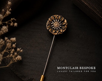 Pin de solapa de flor de oro antiguo, alfiler floral, alfiler de traje de boda vintage, broche de flor de cristal, pin de solapa para padrinos de boda, accesorio formal