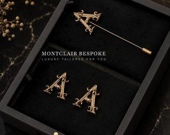 Conjunto de gemelos y broche de solapa con iniciales en oro antiguo, conjunto de joyería con iniciales personalizadas, accesorios de boda con monograma, regalo personalizado con letra para hombre.