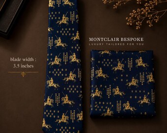 Navy Polo Player Krawatte & Einstecktuch Set, Herren Krawatte Set, Reiter Hochzeit Krawatte, Reiter Krawatte, Geschenk für Ihn