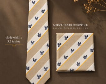 Beige gestreifte Adler Krawatte & Einstecktuch Set, Herren Krawatte Set, Business Hochzeit Krawatte, klassische Vogel Muster Krawatte, Geschenk für Ihn