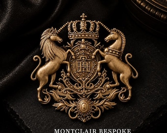 Broche antiguo de oro con escudo real, broche con emblema heráldico de caballo, broche de solapa de corona vintage, broche llamativo de lujo, accesorio para traje de boda