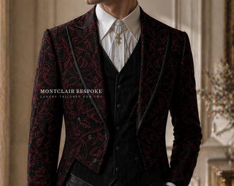 Men’s Gothic Tailcoat Suit, Black Red Embroidered Tuxedo, Victorian Wedding Suit, Luxury Formal Tailcoat, Groom Outfit, Prom Dinner Jacket