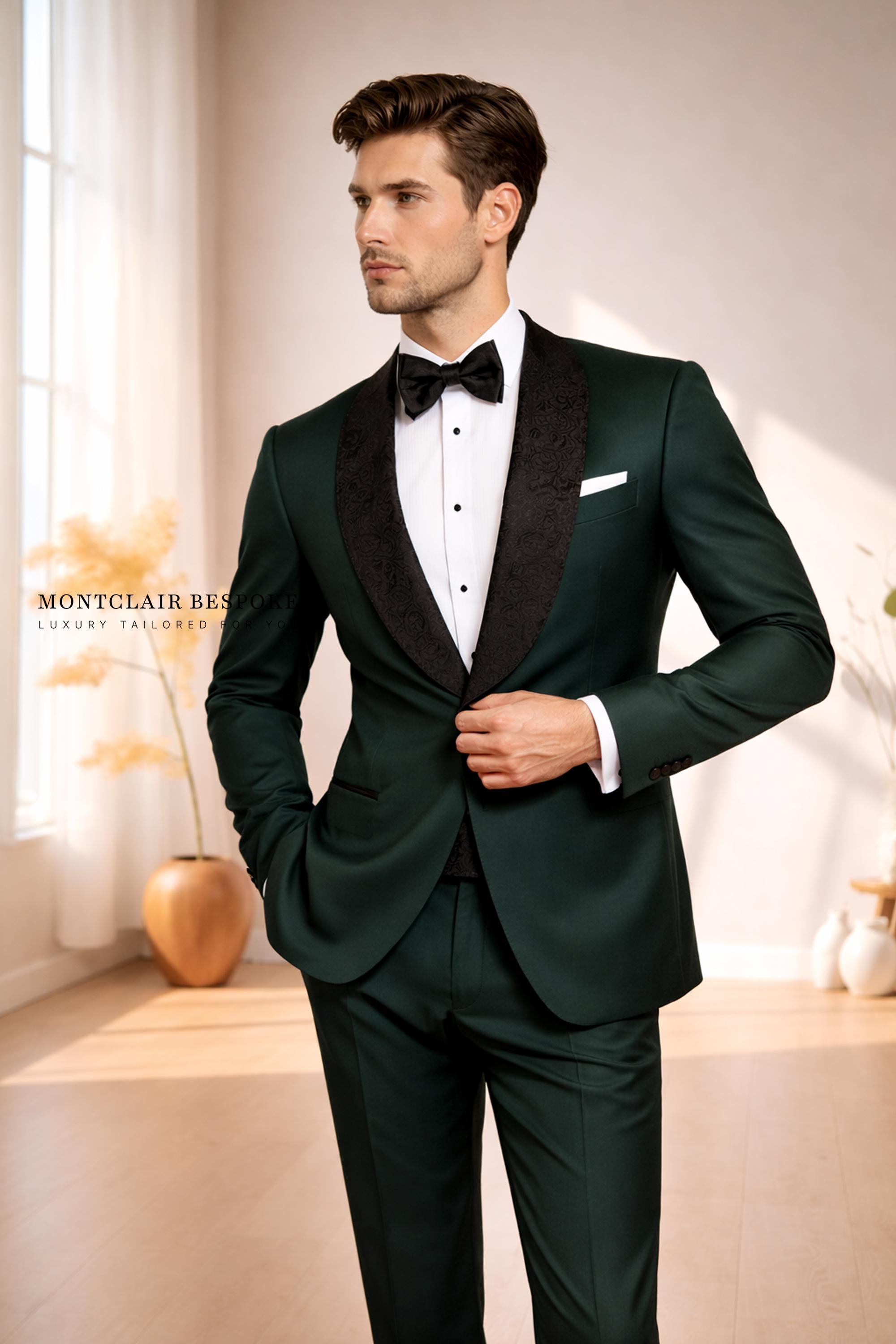 black and gray cocktail dresses Men's Emerald Green Tuxedo With Black Satin Shawl Lapel 3 Piece Formal Suit Vest Suits New Arrival 34 Short or Extra Small