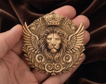 Broche de corona de león de oro antiguo, broche de león real, broche de escudo heráldico, insignia de cabeza de león vintage, joyería llamativa para hombre, regalo para el novio