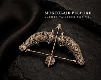 Broche antiguo de oro con forma de arco de arquero para hombre, broche vintage de arco y flecha, broche de guerrero, accesorio de traje de estilo medieval, broche para blazer de boda.