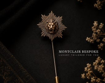 Pin de solapa de león en oro antiguo, alfiler con cabeza de león, pin de solapa con escudo real, pin de traje de lujo, accesorio de solapa para bodas, joyería para hombre con el león rey