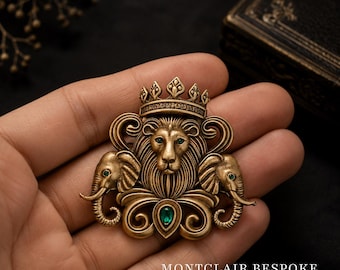 Broche antiguo de león y elefante en oro, broche de animales reales, broche de corona vintage, accesorio llamativo para traje, regalo de boda para el novio