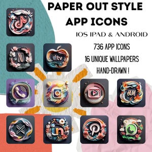 May include: A collection of nine app icons in a paper-out style, including icons for social media and streaming services. The image also includes the text "PAPER OUT STYLE APP ICONS IOS IPAD & ANDROID 736 APP ICONS 16 UNIQUE WALLPAPERS HAND-DRAWN!"