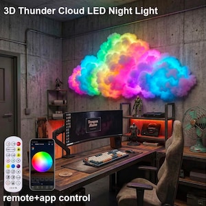May include: A 3D Thunder Cloud LED Night Light in a rainbow of colors is mounted on a concrete wall. The image shows a desk with a computer, remote, and phone with app control. The text "remote+app control" is visible.
