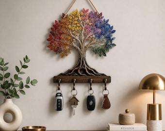 Soporte para llaves Árbol de la Vida, perchero de pared de madera, organizador de llaves para la entrada