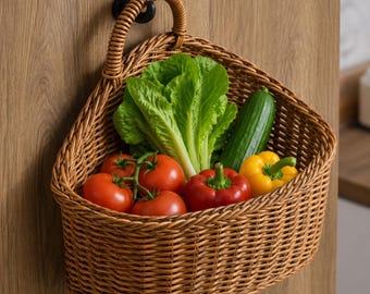 Cesta rústica de pared para frutas y verduras, cesta colgante de imitación de ratán, organizador decorativo de pared de plástico.