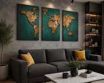 Juego de lienzos con mapa del mundo vintage para pared, decoración retro nórdica de viajes, 3 pósteres de mapas para sala de estar, dormitorio y oficina.