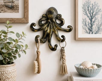 Gancho de pared vintage de hierro fundido con forma de pulpo – Decoración náutica costera, perchero resistente de 5 ganchos