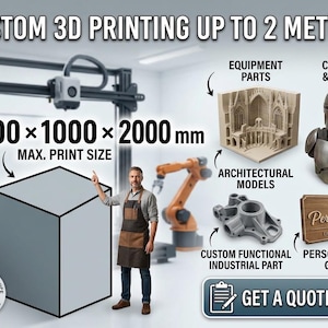 May include: A large 3D printer with a maximum print size of 1000 x 1000 x 2000 mm. The image displays text stating CUSTOM 3D PRINTING UP TO 2 METERS, along with examples of architectural models, cosplay props, industrial parts, and personalized gifts.