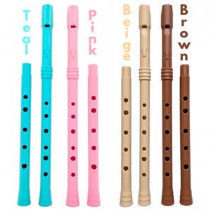 May include: A collection of colorful plastic recorders in teal, pink, beige, and brown. Each recorder has a mouthpiece, finger holes, and a bell. The image includes the color names: Teal, Pink, Beige, and Brown.