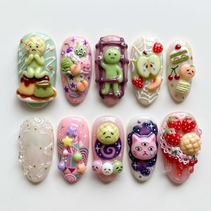 Weird Core Press On Nails | 3D Emotional Food Nails | Alien Dessert Fake Nails | Psychedelic Kawaii Nails | Harajuku Art Nails