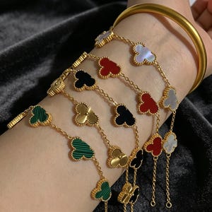 15mm Quatrefoil 5-Motif Clover Bracelet, Lucky Four Leaf Jewelry, Adjustable Gold Chain, Bridal, Bridesmaids, Anniversary, Birthday Gift.