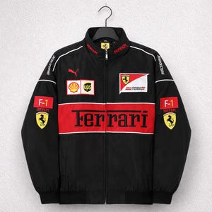 Chaqueta de carreras Ferrari F1 vintage, abrigo bomber retro de automovilismo, ropa urbana de Scuderia Ferrari.