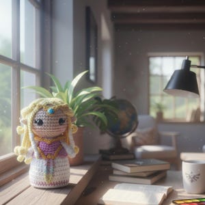 Op de afbeelding: Handgemaakte gehaakte pop van een prinses, met een gele kroon, blond haar en een roze en witte jurk. De pop staat op een houten oppervlak bij een raam, met een wereldbol en boeken op de achtergrond.
