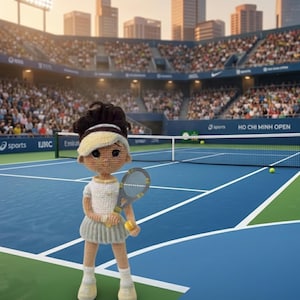 Op de afbeelding: Een gehaakte pop in een tennisoutfit, met een racket, staat op een blauwe en groene tennisbaan. De pop heeft donker haar, een witte en gele vizier en een witte tennisjurk. De achtergrond toont een stadion vol toeschouwers.