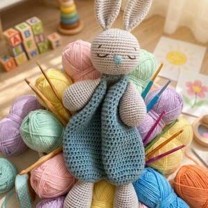 Op de afbeelding: Een gehaakte konijnenpop in een blauwe outfit, omringd door bollen wol in pastelkleuren. Het konijn heeft gesloten ogen en wordt omringd door haaknaalden en bollen wol. De afbeelding roept een gevoel op van handgemaakte ambachten en speelgoed.