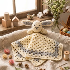 Op de afbeelding: Een handgemaakte gehaakte konijn knuffel in crème en grijs. De konijnenkop is bevestigd aan een vierkant dekentje met een grijze rand. De knuffel is gemaakt van zacht garen en is perfect voor een baby of peuter.