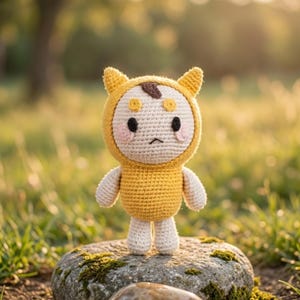 Puede incluir: Muñeca de ganchillo hecha a mano con un atuendo con capucha amarillo, cara blanca y detalles beige. La muñeca tiene ojos negros, mejillas rosadas y una pequeña marca marrón en la frente. Está sobre una roca cubierta de musgo.