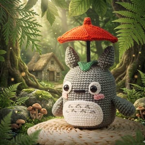 May include: A crocheted Totoro-like character with a red umbrella, set in a forest scene. The gray plush figure has large eyes, a white belly, and a pink cheek. The background features a small stone cottage and mushrooms.