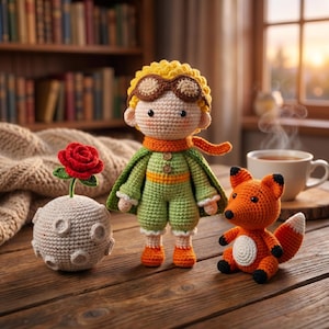 May include: Crocheted Little Prince doll with a green outfit, orange scarf, and aviator goggles. A crocheted fox and a rose on a moon-shaped base are also present. The scene is set on a wooden table.