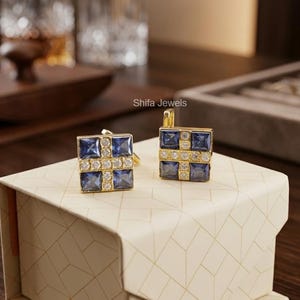 Spinki do mankietów męskich garniturów z 14-karatowego żółtego złota, szlif księżniczki, 2-karatowy tanzanit tworzony laboratoryjnie