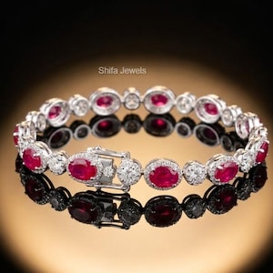 10Ct Oval Cut Lab Created Pink Ruby 14K White Gold Plated Women's Tennis Bracelet