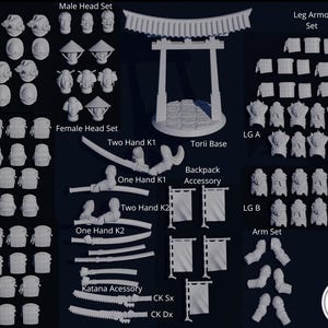 Op de afbeelding: Een verzameling grijze miniatuurharsonderdelen voor montage, inclusief mannelijke en vrouwelijke hoofden, schouderpantser-sets SH1, SH2 en SH3, beenpantser-sets LG A en LG B, arm-sets, een Torii-basis, katana-accessoires en rugzakvlag-accessoires.