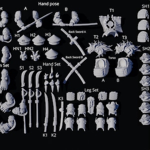 May include: A collection of unpainted grey resin miniature parts including arm sets, hand poses, sword sets, torsos, shoulder pads, and leg sets. Labels include Arm Set, Hand pose, A, B, T1, T2, T3, H1, H2, H3, H4, HN1, HN2, S1, S2, S3, K1, K2, K3, SH1, SH2, SH3.