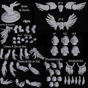 Peut inclure: Une collection de pièces miniatures en résine grise non peintes comprenant une base avec des crânes, des réacteurs dorsaux étiquetés JP A et JP B, des bras, des mains, des griffes étiquetées A et B, des épaulettes, des accessoires et des casques H1, H2 et H3 sur un fond noir.