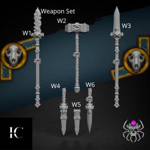 Pode incluir: Um conjunto de armas em miniatura cinzentas rotulado como Weapon Set com W1 a W6. O conjunto inclui duas lanças longas com motivos de cabeça de lobo, um martelo grande com cabo envolto e três adagas com poméis de cabeça de lobo em tom cinza.