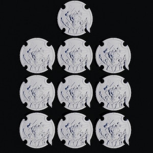 May include: Nine white, circular decorative shields with a detailed relief design of a figure with a spear and other figures. The shields are arranged in a grid pattern against a black background.