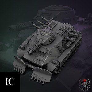 May include: A detailed, gray model of a military tank with multiple turrets and weaponry. The tank features a front blade, tracks, and intricate mechanical details. The background shows a blurred image of a similar tank. The image includes the letters "IC" in the lower left corner.
