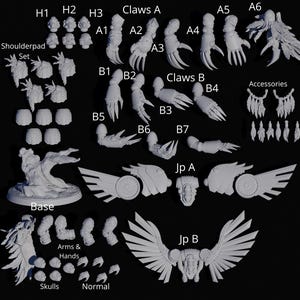 May include: A collection of unpainted grey resin miniature parts including shoulder pads, clawed arms labeled A1-A6 and B1-B7, winged jump packs labeled Jp A and Jp B, a circular base, skulls, and various accessories arranged on a black background.
