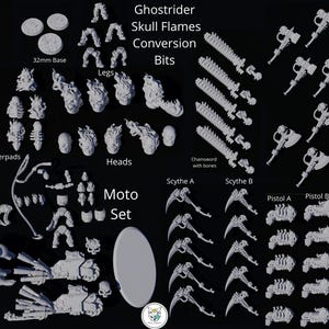 Peut inclure: Un ensemble de pièces de conversion miniatures en résine grise étiquetées Ghostrider Skull Flames Conversion Bits et Moto Set. Comprend des têtes, épaulettes, jambes, pagnes, bases de 32mm, épées-tronçonneuses, marteaux, haches, faux et pistolets.