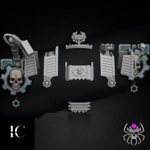 May include: A set of unpainted grey resin miniature components including a central chest plate with a skull emblem, two side panels with mechanical details, a top crest, and a lower waist guard, all featuring industrial rivets and gear motifs.