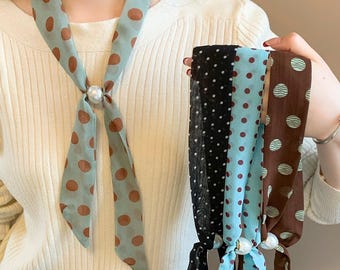 Vintage Polka Dot Beaded Drawstring Scarf, Women Spring Summer Neck Tie, Blouse Choker Neck Scarf