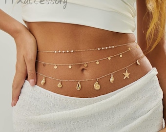 Tassel Starfish Shell Waist Chain Set — Beach Vacation Hip Chain with Seashell & Starfish Pendants, Summer Travel Accessory