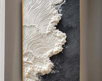 Textured Black and White Wave Oil Painting On Canvas Earth Tone Impasto Wall Art Contemporary Modern Palette Knife Art Decor