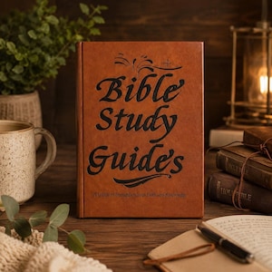 May include: A brown, leather-textured book titled Bible Study Guide's with black embossed lettering. The cover features a small cross icon above the text and the subtitle A Guide to Strengthen Your Faith and Knowledge printed in smaller black font.